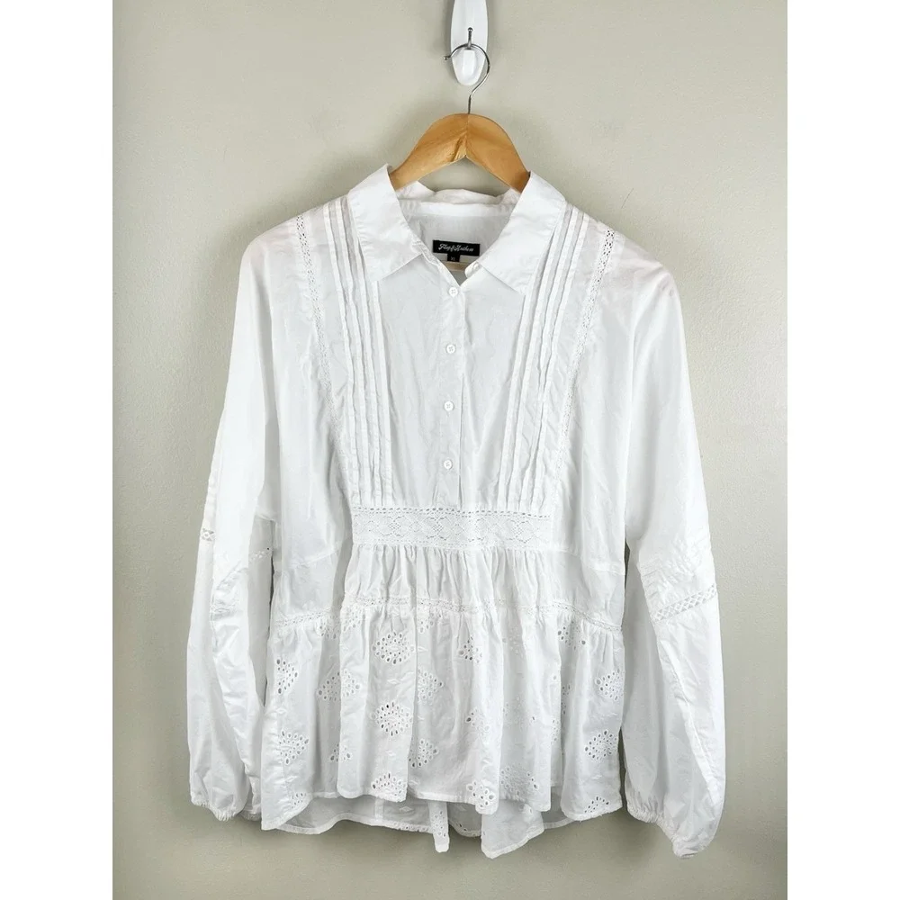 Flag & Anthem Long Sleeve Button Front Eyelet Crochet Lace Pintuck Top White XL - Picture 1 of 9